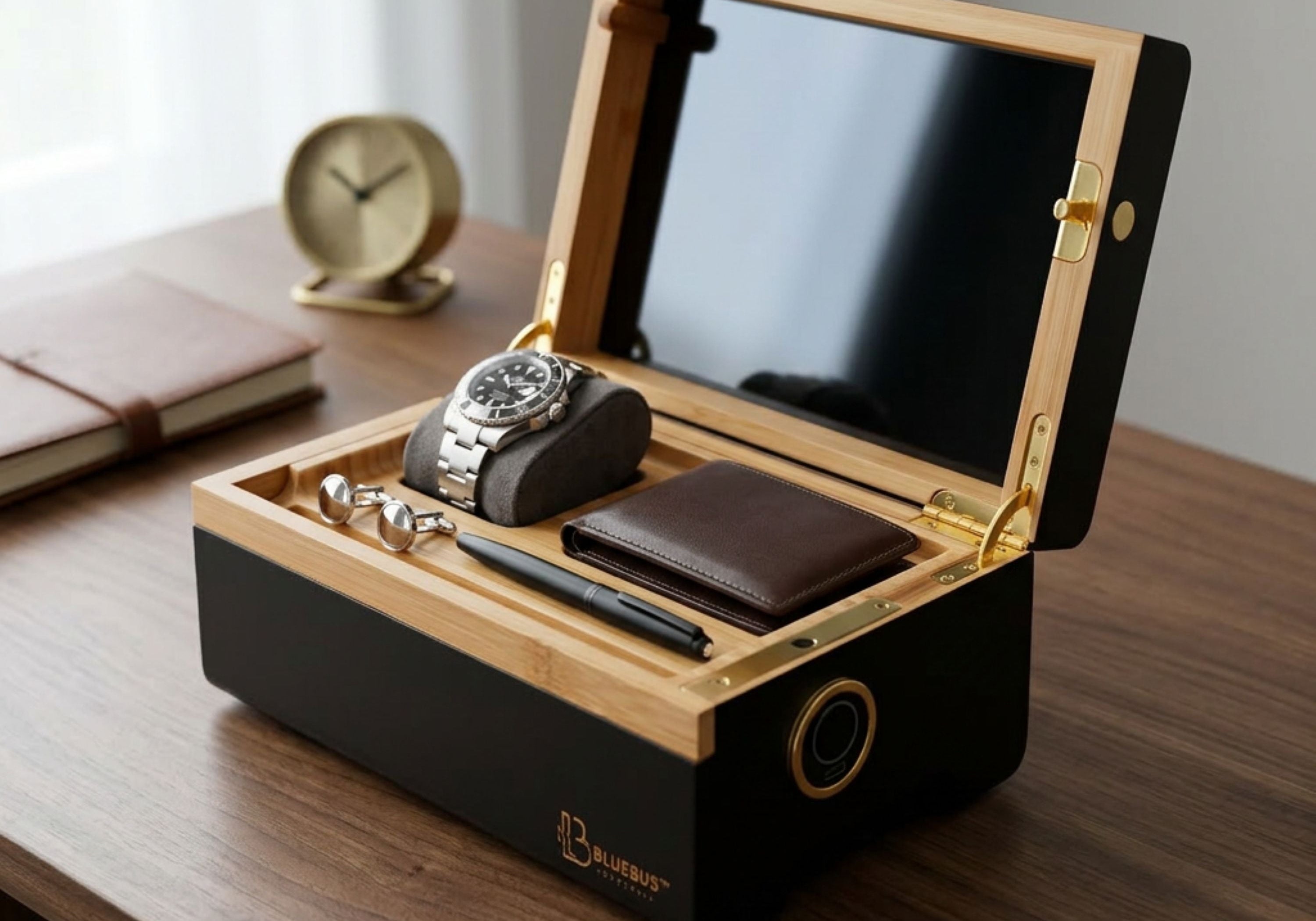 MULTIBOX open on a wooden desk with a watch inside, beside a clock and books