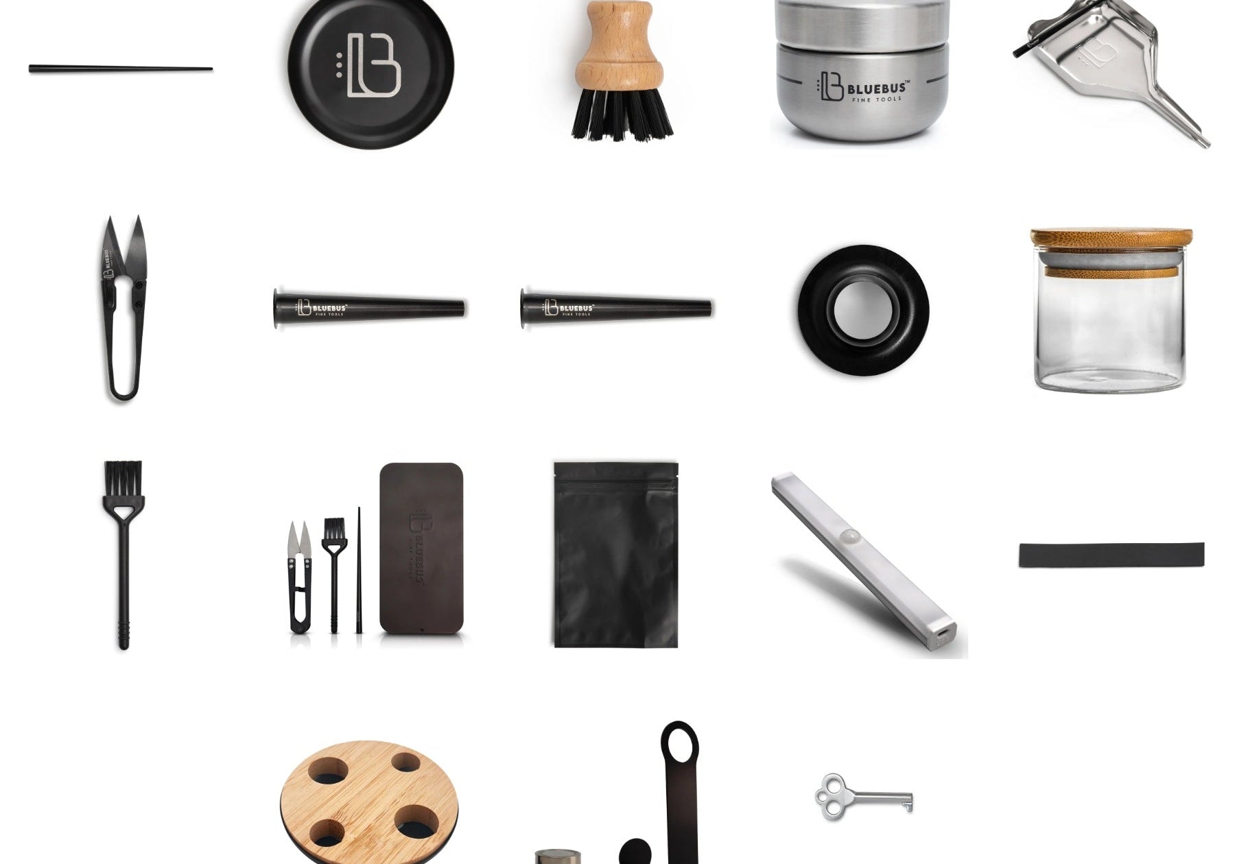 All eighteen BlueBus Fine Tools accessories laid out in a grid on a white background
