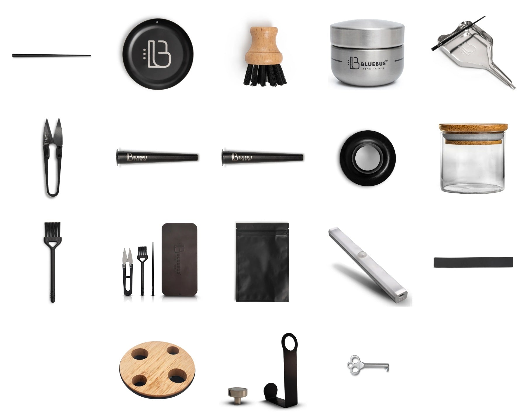 All eighteen BlueBus Fine Tools accessories laid out in a grid on a white background