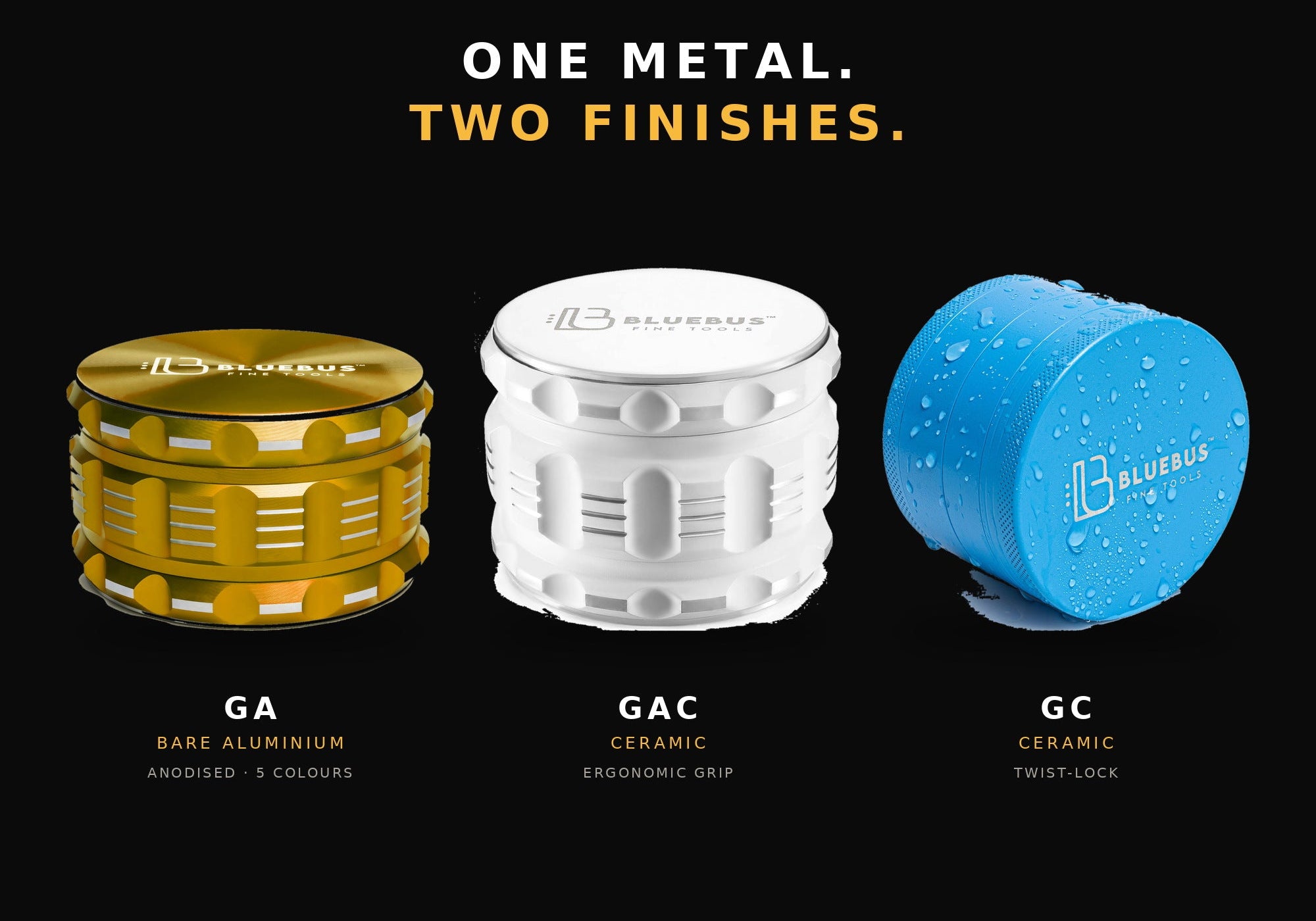 GA bare aluminium in gold, GAC ceramic in white and GC ceramic in blue herb grinders side by side on a dark surface