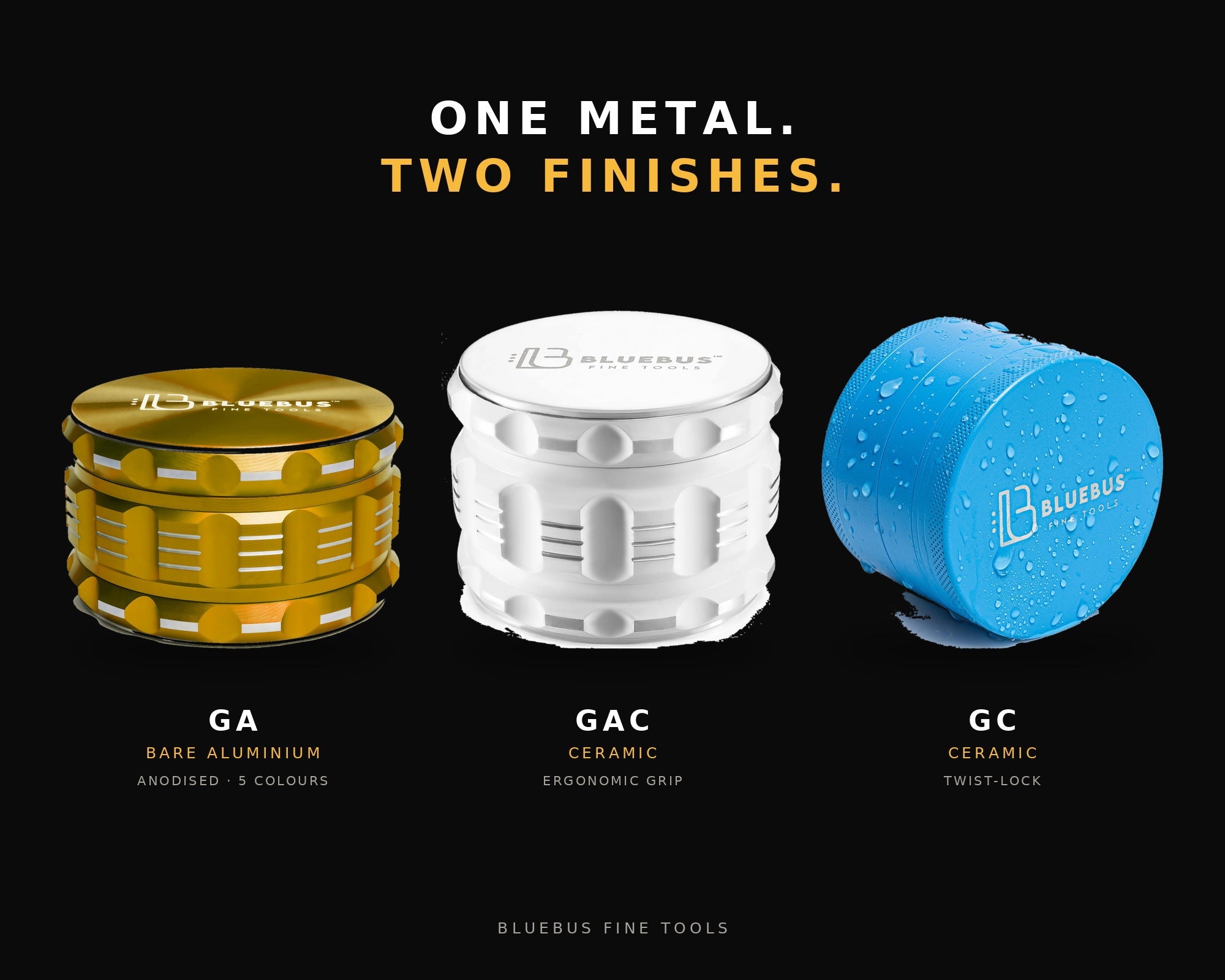 GA bare aluminium in gold, GAC ceramic in white and GC ceramic in blue herb grinders side by side on a dark surface