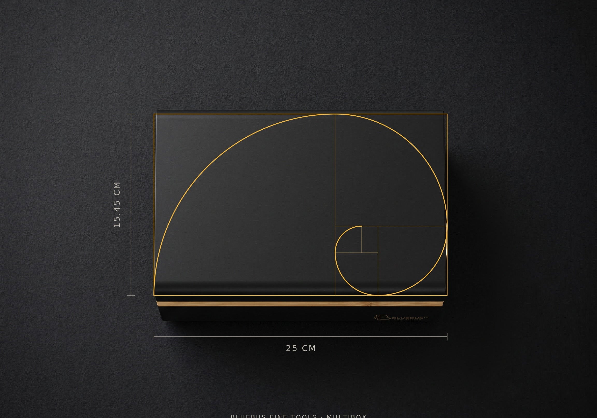 The MULTIBOX shot from directly above with the golden rectangle and golden spiral laid over it, 25 cm by 15.45 cm