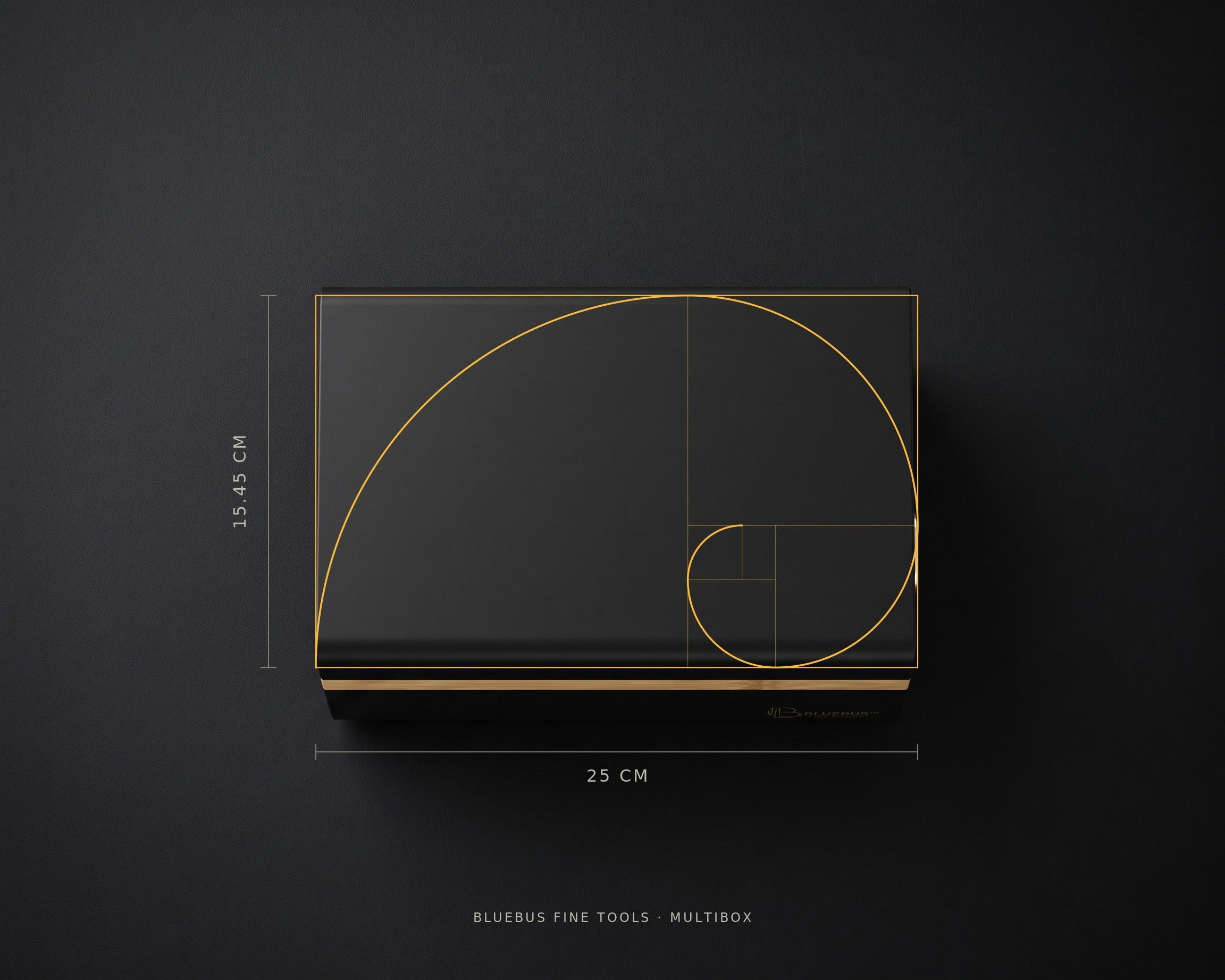 The MULTIBOX shot from directly above with the golden rectangle and golden spiral laid over it, 25 cm by 15.45 cm