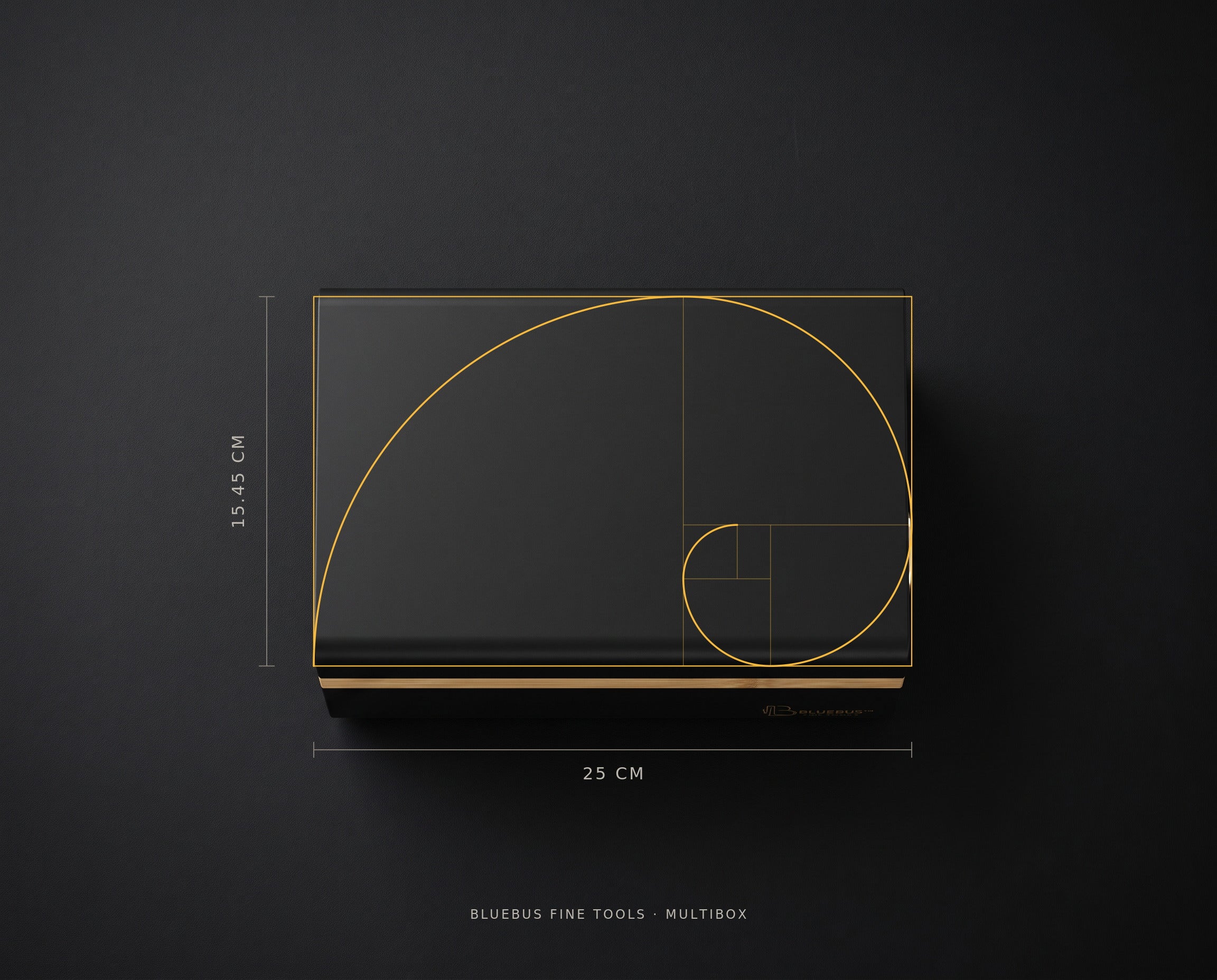 The MULTIBOX shot from directly above with the golden rectangle and golden spiral laid over it, 25 cm by 15.45 cm