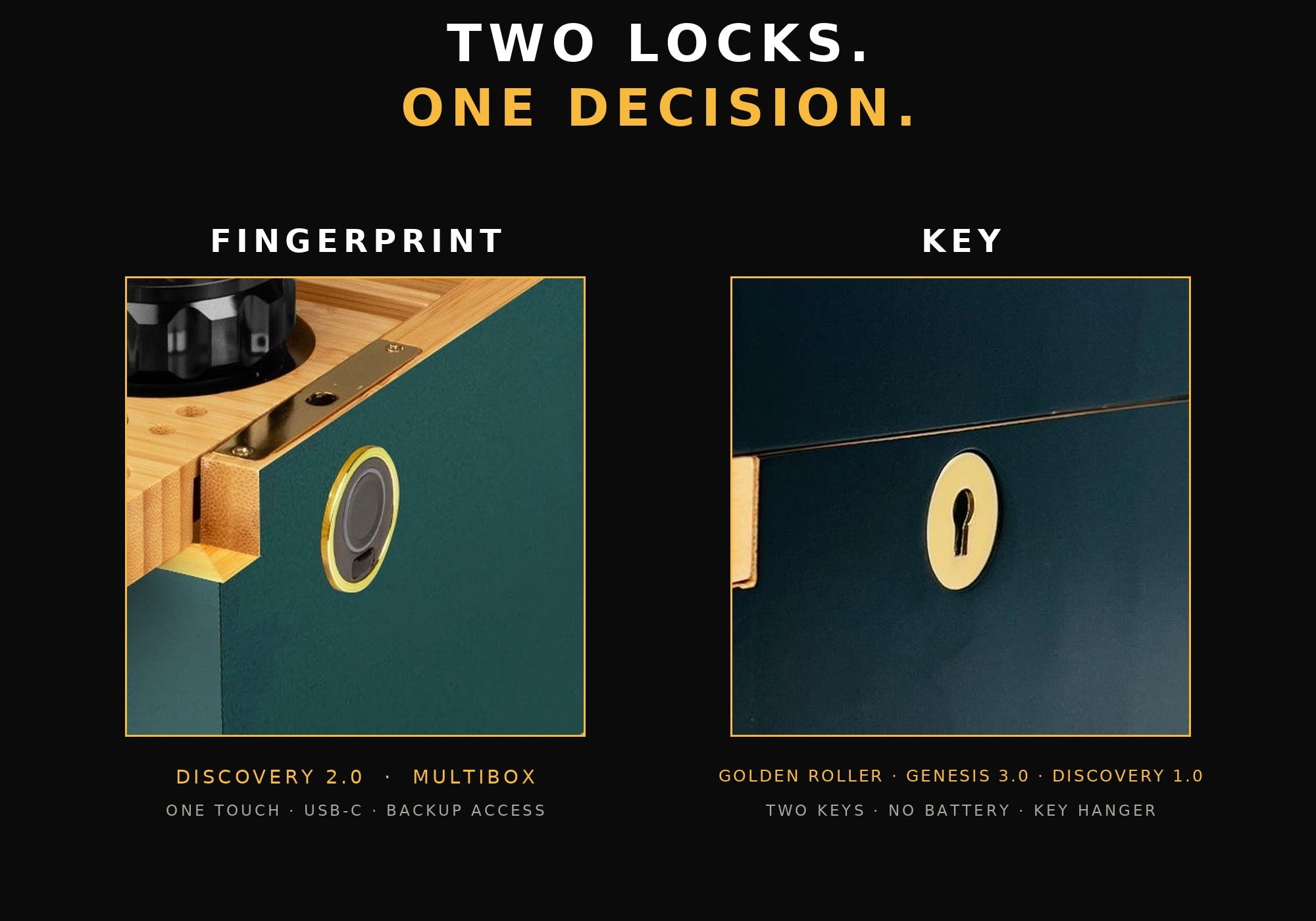 Two locks, one decision: the fingerprint sensor on the green Discovery 2.0 beside the brass key lock on the GOLDEN ROLLER BOX